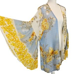 Saachi Yellow Blouse Floral Mystical Kimono Garden Fairy Bell Sleeve Boho OS